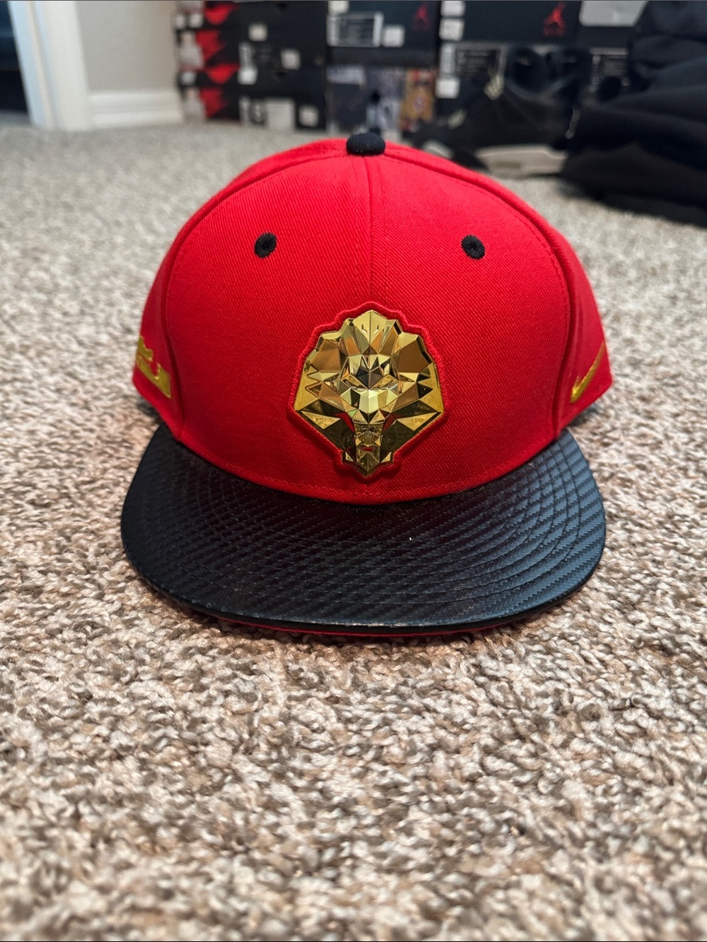 LeBron James Nike Red and Black Snapback Hat with Gold Lion Crest